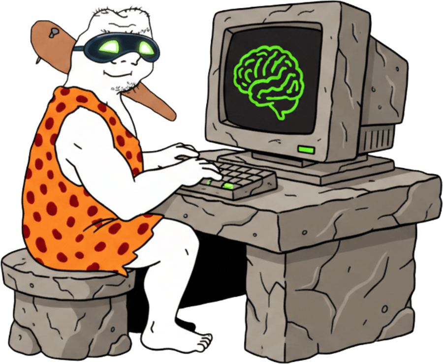 grug typing at his stone computer
