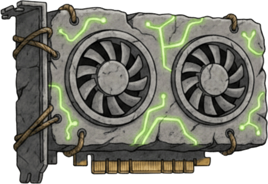 a GPU graphics card carved from stone with glowing green veins